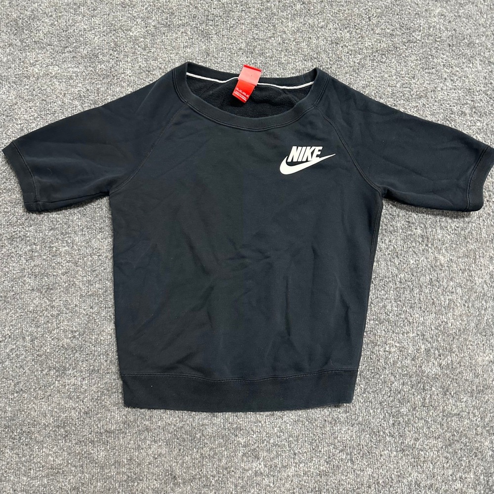 Nike Sweatshirt Womens Size XS Black Short Sleeve Fleece Raglan Pullover Logo